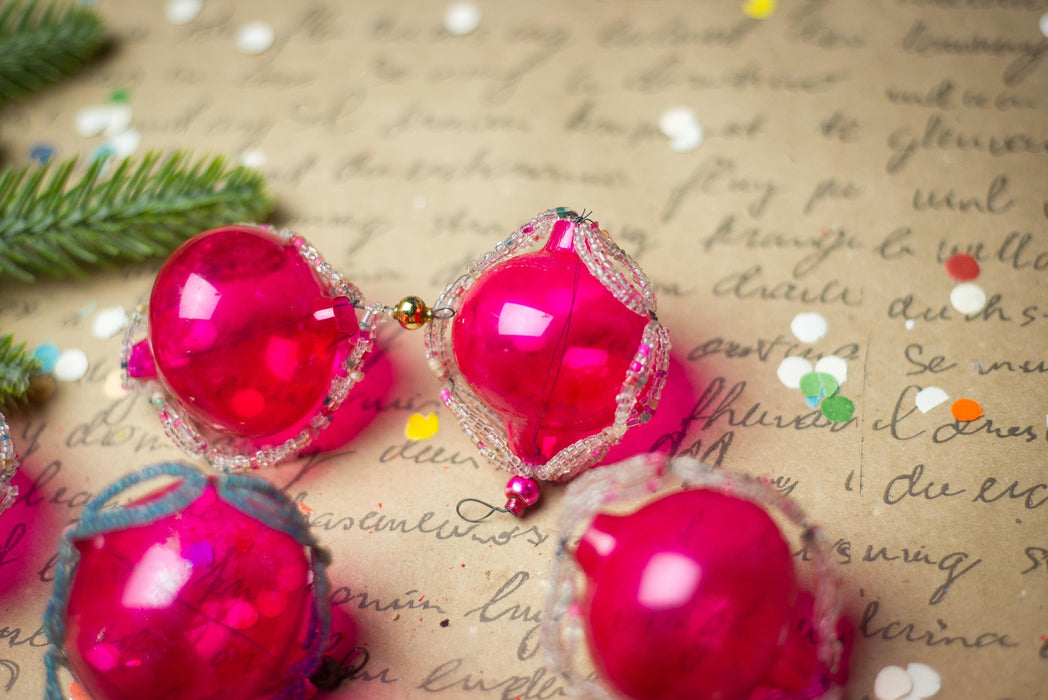 Vintage Pink Beaded Glass Ornaments – Set of 8