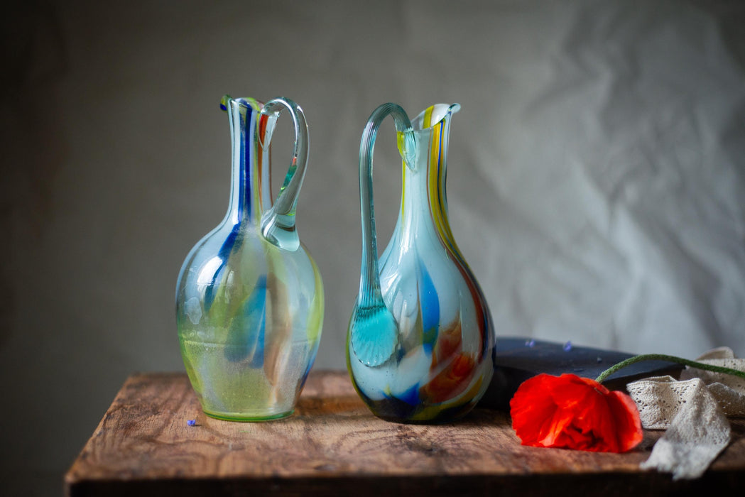Green Murano Style Glass Pitcher – Vintage Art Jug, MCM Breakfast Table Serving Carafe, Water or Wine Jug