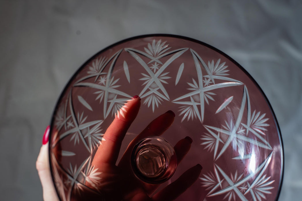 Vintage Amethyst Glass Pitcher & Czech Crystal Fruit Bowl, Mid Century Retro Tableware, 70s Purple Glass