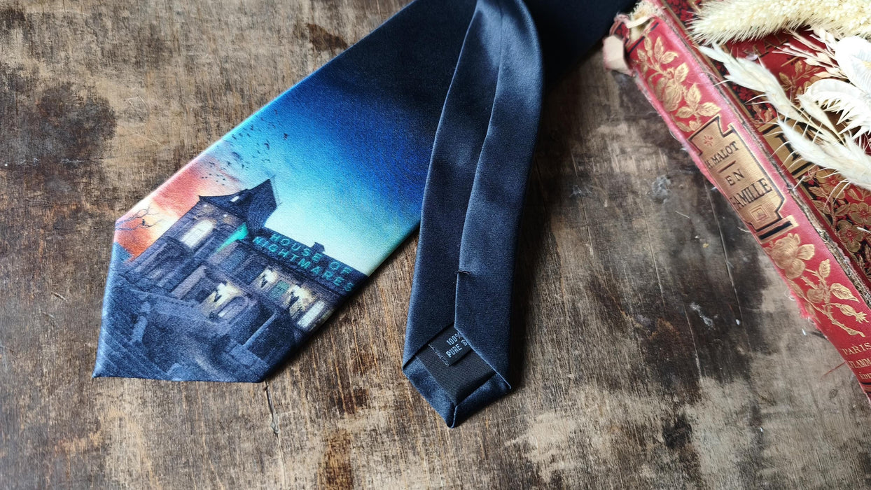 Vintage House of Nightmares Necktie Goth Halloween Tie Haunted House Graphic Novelty Ti