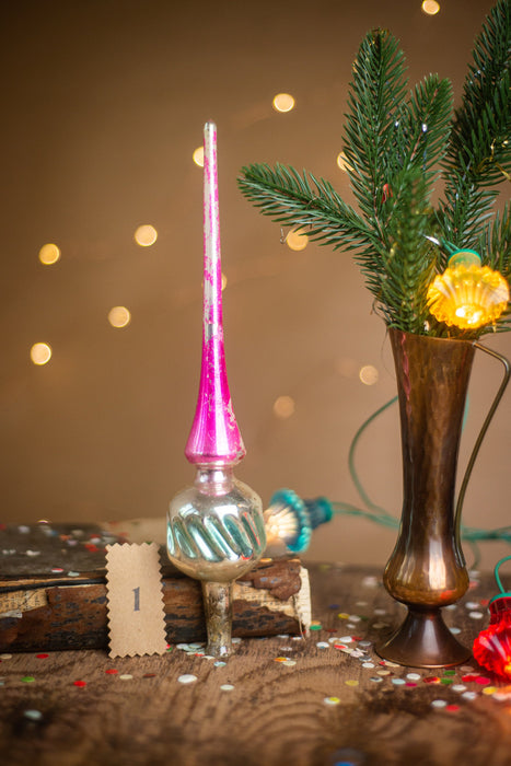 Vintage Silver & Pink Glass Christmas Tree Topper – 1960s