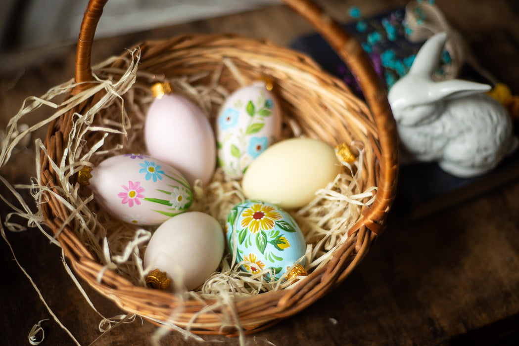 Glass Easter Eggs - Set of 6 Hand Painted Floral Hanging Ornaments for Easter Tree