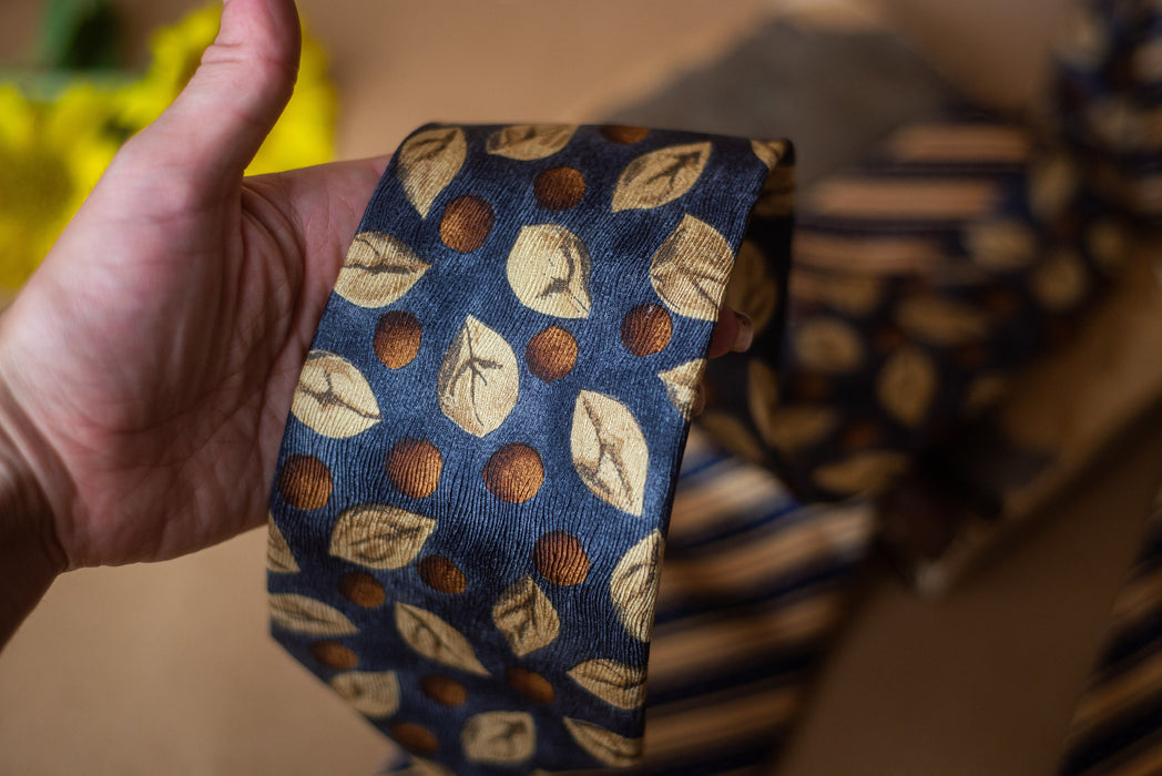 Men's Silk Tie - Vintage Striped Leaf Print Necktie | Luxury Groom Tie