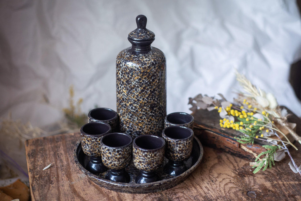 Vintage Ceramic Wine Set with Bottle, Glasses and Tray