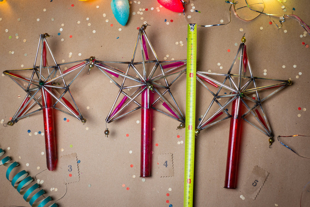 Vintage Christmas tree topper, Silver pink glass bugle star, Beaded Xmas tree ornaments