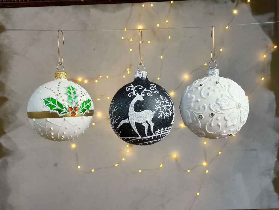 Black White Christmas Baubles Set, Hand Painted Glass