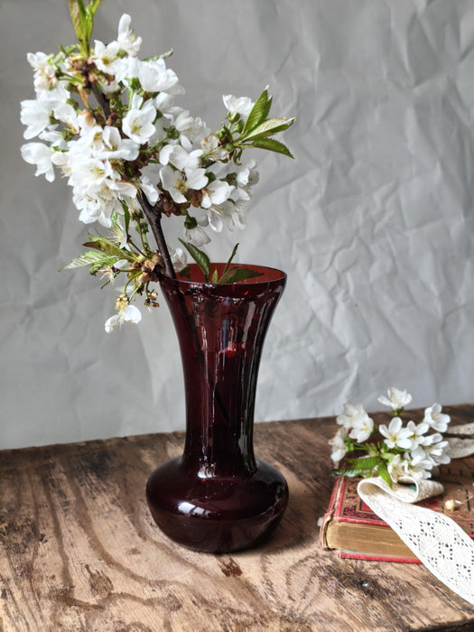 Wine Red Glass Vase Mid Century, Retro Bud Vase Aesthetic Decor