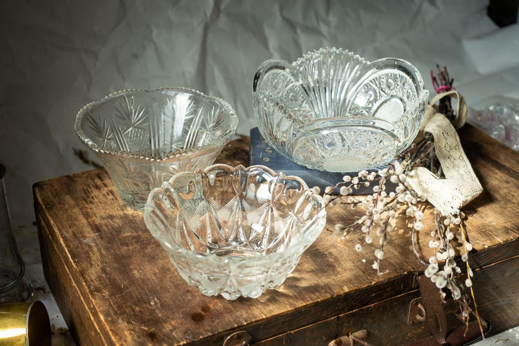 Vintage Cut Crystal Bowl, 1970s Clear Glass Fruit Dish