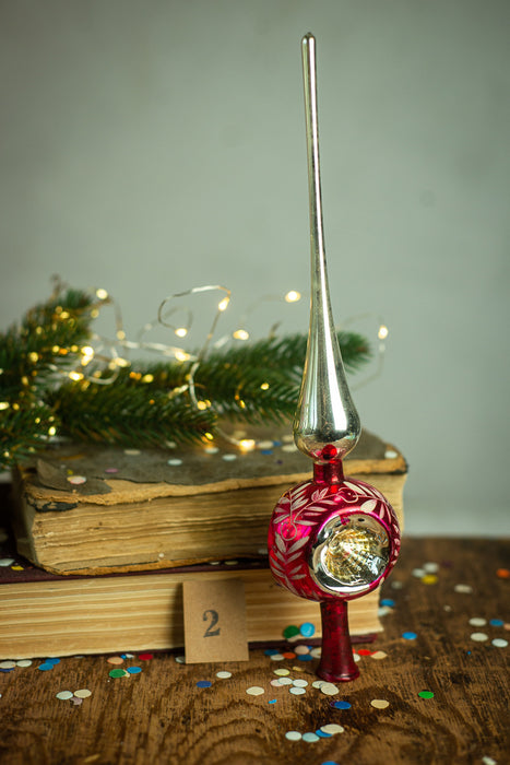 Vintage Hot Pink Glass Christmas Tree Topper with Indent