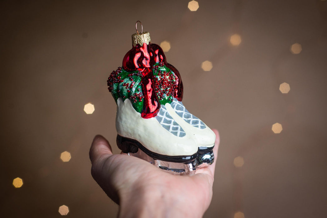 Vintage Glass Ice Skates Ornament, Hand Painted Winter