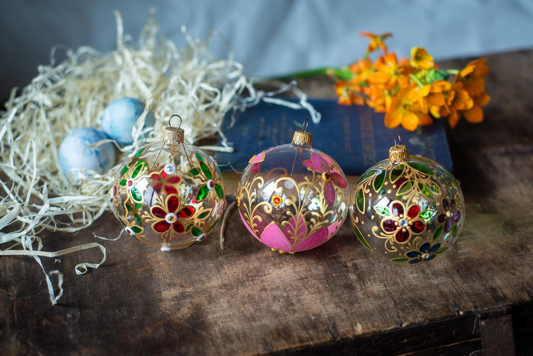 Clear Glass Baubles – Hand Painted Floral Easter Tree Ornaments | Spring Home Decor
