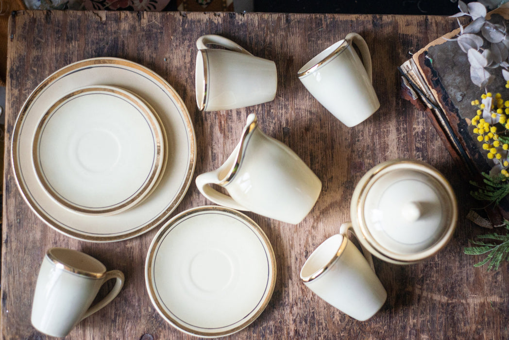 Vintage Porcelain tea set, milk jug, sugar bowl, beige gold breakfast serving set