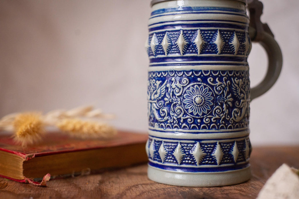 Vintage Bavarian Beer Stein Blue Ceramic German Mug with Pewter Lid