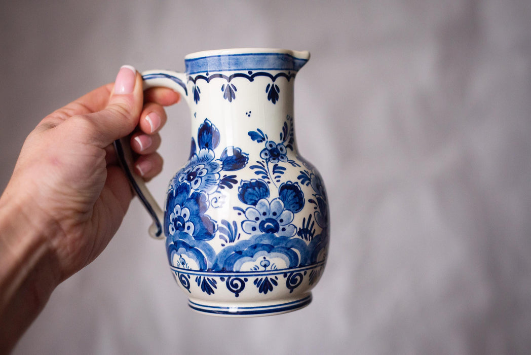 Hand-painted Delft Blue pitcher, flowers and birds, Holland Vintage Ceramic