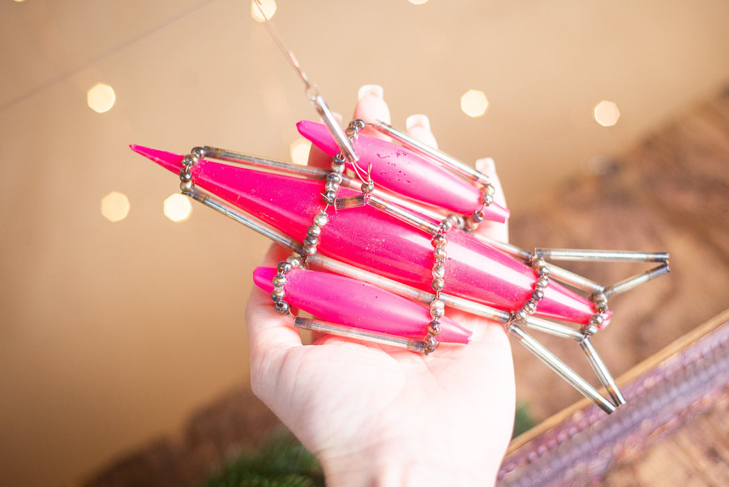 Vintage Rocket Ornament, Hot Pink 1950s Glass Beaded Montage