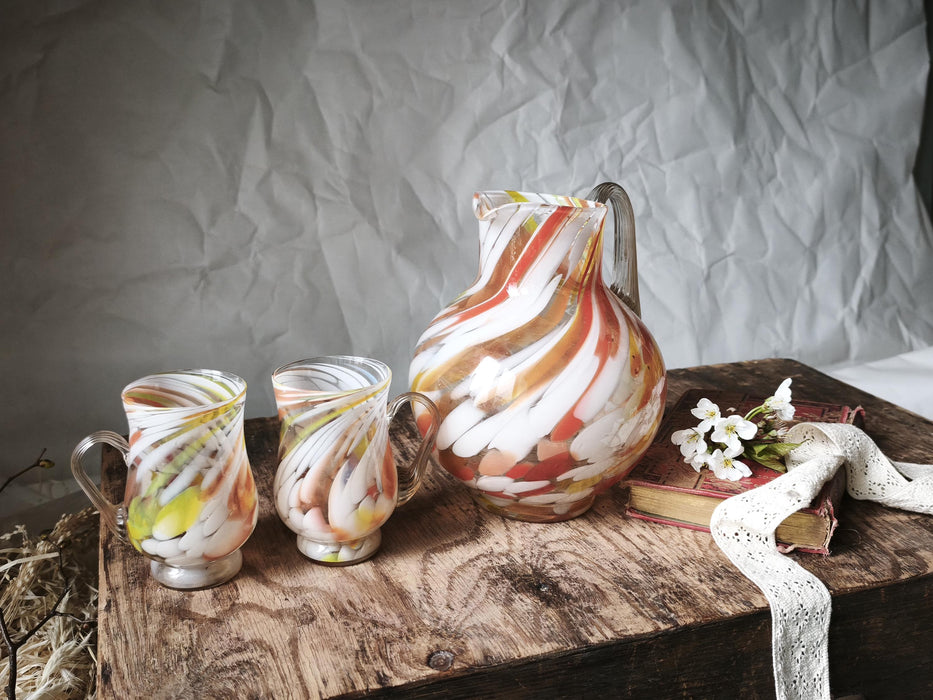 Vintage Murano Glass Pitcher Hand-Blown 1970s With Matching Mugs