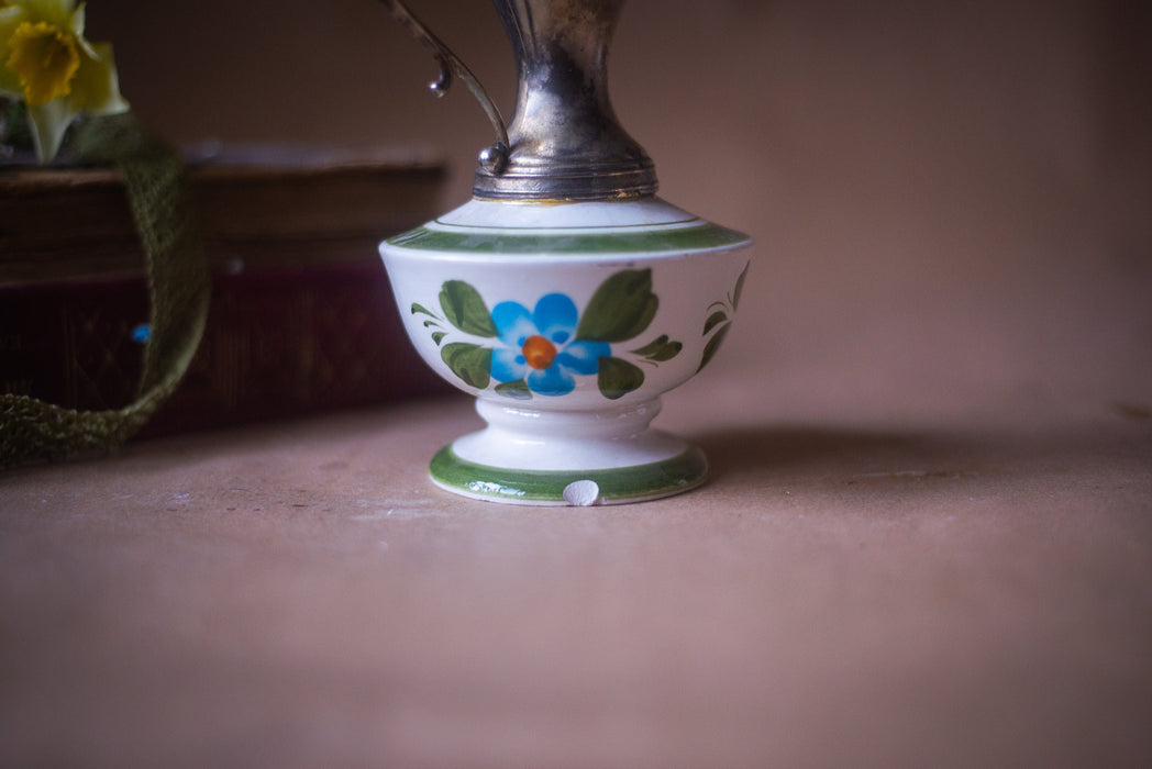 Ceramic jug with metal top, hand-painted clay carafe, 1970s German pitcher, blue flower ornament, mother's day gift
