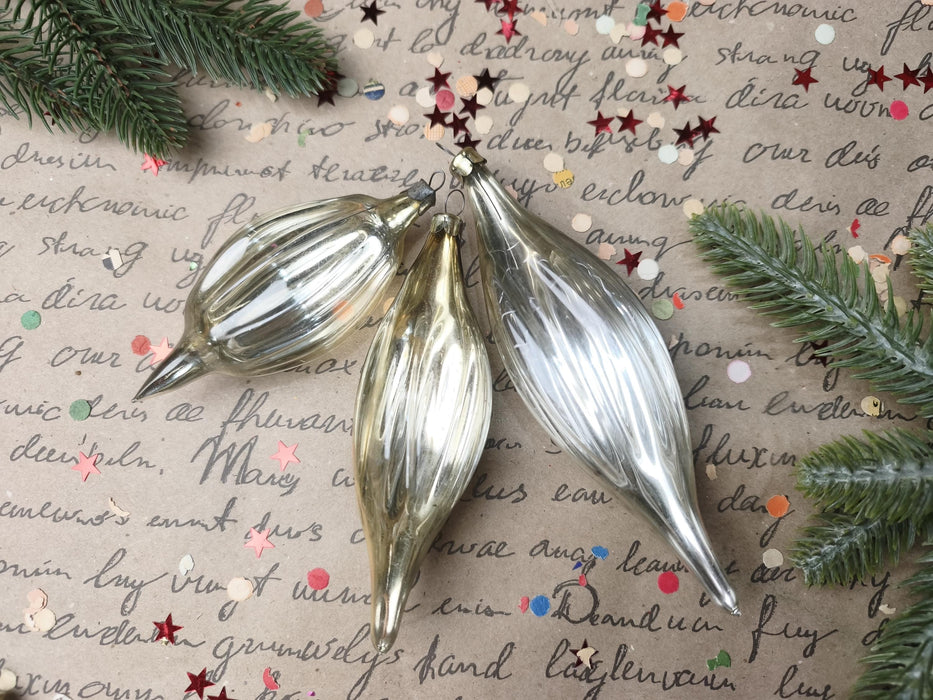 Vintage Silver Glass Christmas Ornaments, Ribbed Icicles and Lantern Bauble Sets