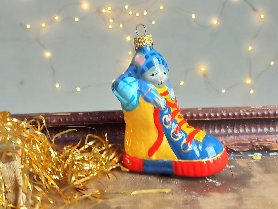 Vintage Glass Mouse Ornament in Shoe, Hand Painted