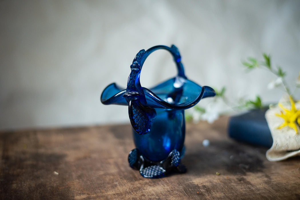 Cobalt Blue Glass Basket, Vintage Murano-Style Candy Dish