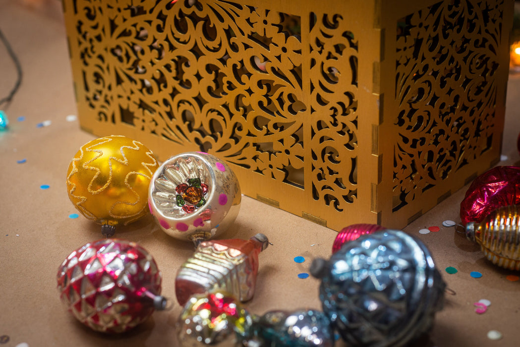 Laser Cut Wooden Keepsake Box, Gold Christmas Ornament Storage, Rustic Decor
