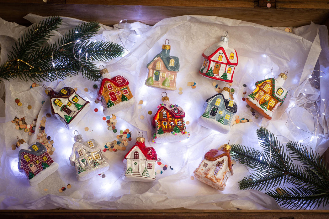Christmas glass house ornaments, Rustic Xmas tree hanging