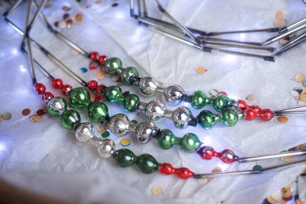 Vintage Glass Bead Christmas Garland, Green Silver Red Bugle Beads, 1970s