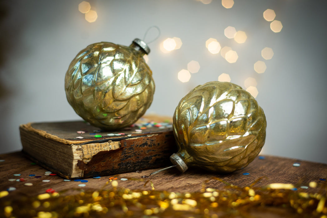 Vintage Artichoke Glass Ornament, Large Gold 1970s USSR