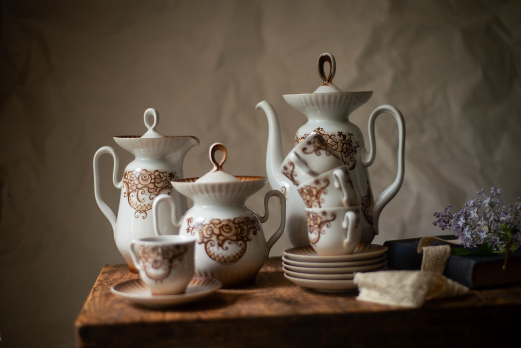 Vintage Porcelain Coffee Set, 1980s, Brown Baroque Pattern Tea Set, Full Coffee Service for 6