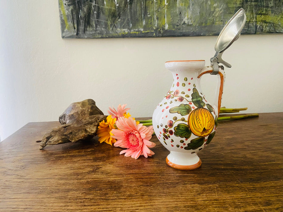 Flower Ceramic wine jug with metal lid, vintage carafe, 1970s German pitcher
