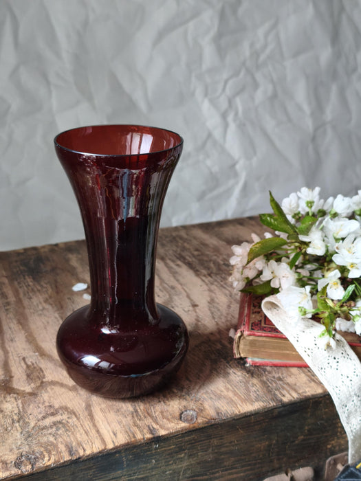 Wine Red Glass Vase Mid Century, Retro Bud Vase Aesthetic Decor