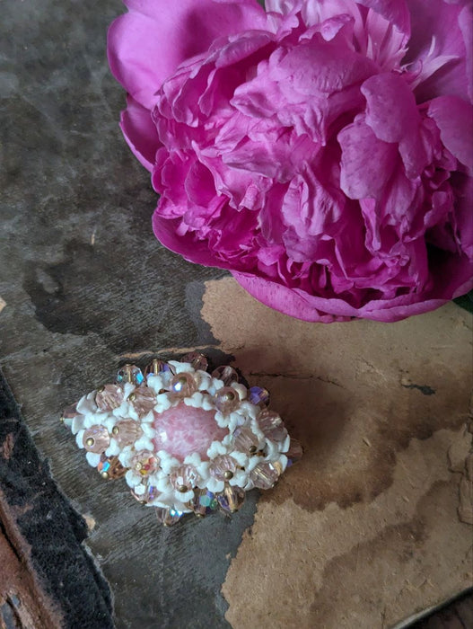Pink flower brooch, vintage crystal lapel pin, 1970s white floral jewelry, retro old beaded brooch, Victorian shawl pin