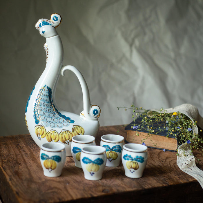 Vintage Ceramic Rooster Decanter Set, Rustic Barware, Folk Style Drink Set