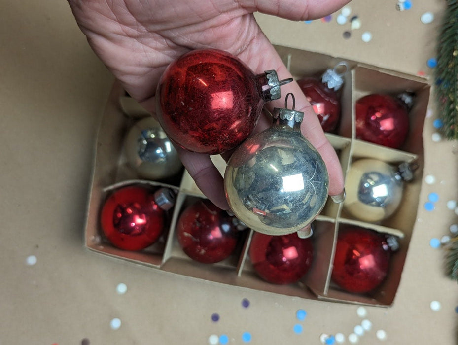 Set of 12 Vintage glass Christmas ornaments in the box, red and silver Xmas balls, Xmas tree hanging baubles