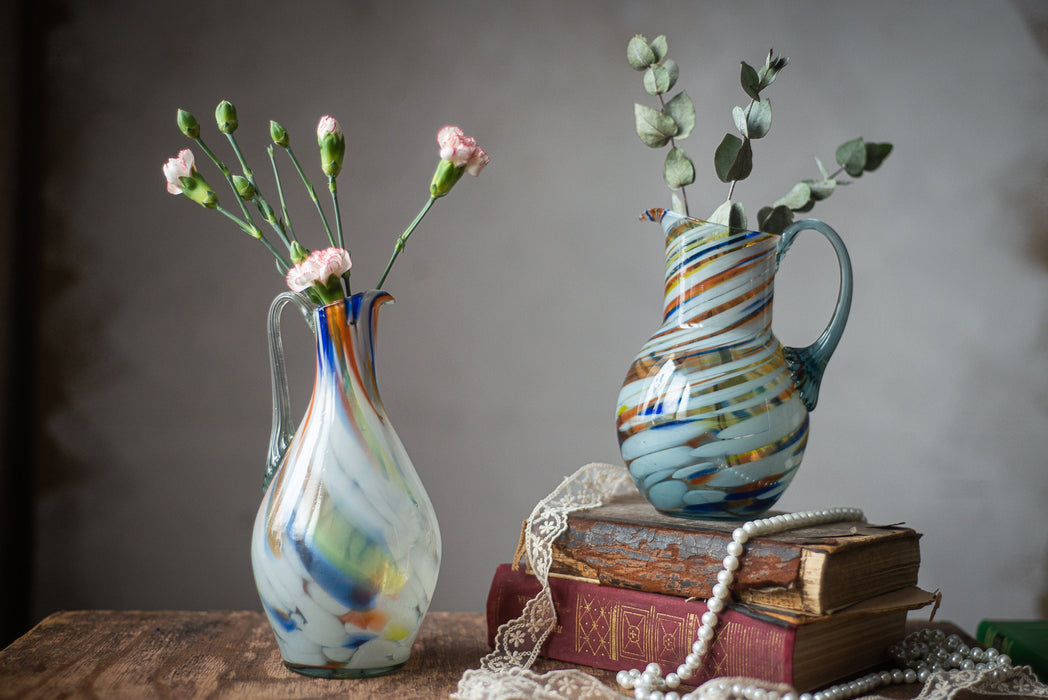 Vintage pitcher with handle, Water milk jug, Murano glass flower vase, Vintage glassware, Collectible glass