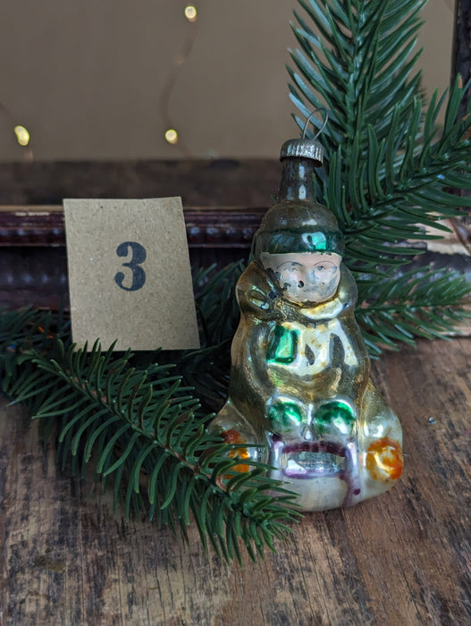 Vintage Glass Sledding Boy Ornament, Soviet 1960s