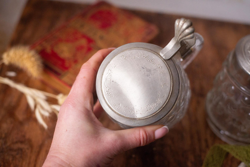 Vintage German Glass Beer Stein with Metal Lid Classic Barware Tankard