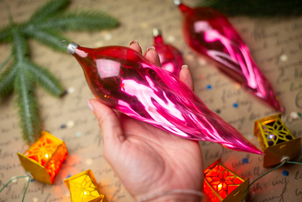 Pink Glass Icicle Christmas Ornaments, Vintage Set of 3