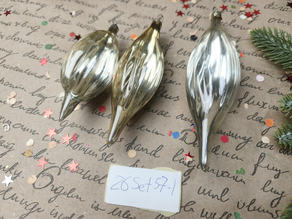 Vintage Silver Glass Christmas Ornaments, Ribbed Icicles and Lantern Bauble Sets