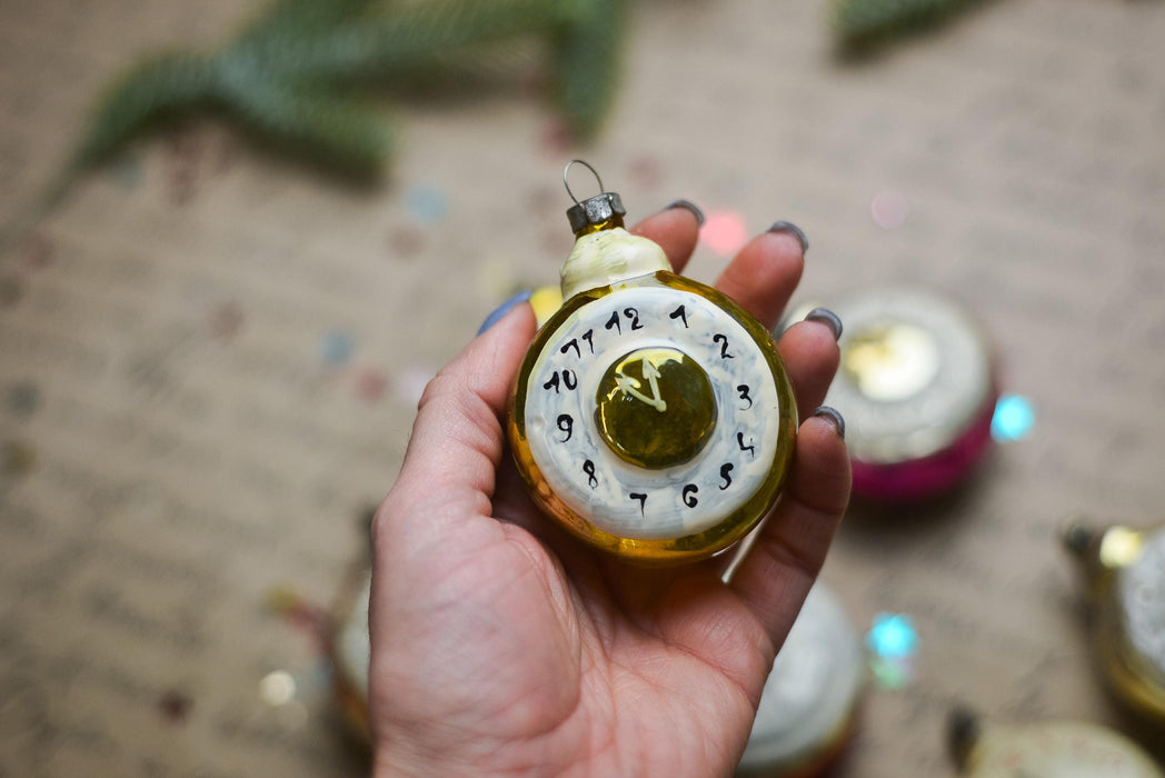 Vintage Clock Christmas Ornament, Mid Century Glass Tree