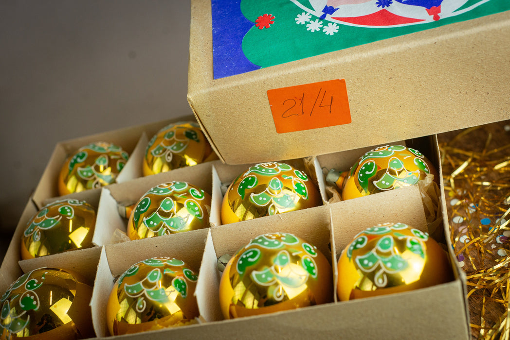 Vintage Glass Christmas Ornaments Gold Green Hand-Painted Box Set