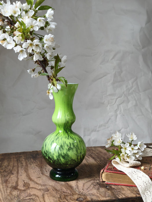 Green Glass Vase Murano Style, Mid Century Retro Aesthetic Decor