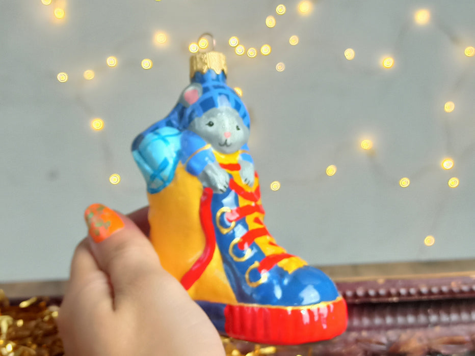 Vintage Glass Mouse Ornament in Shoe, Hand Painted