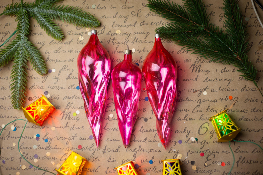 Pink Glass Icicle Christmas Ornaments, Vintage Set of 3