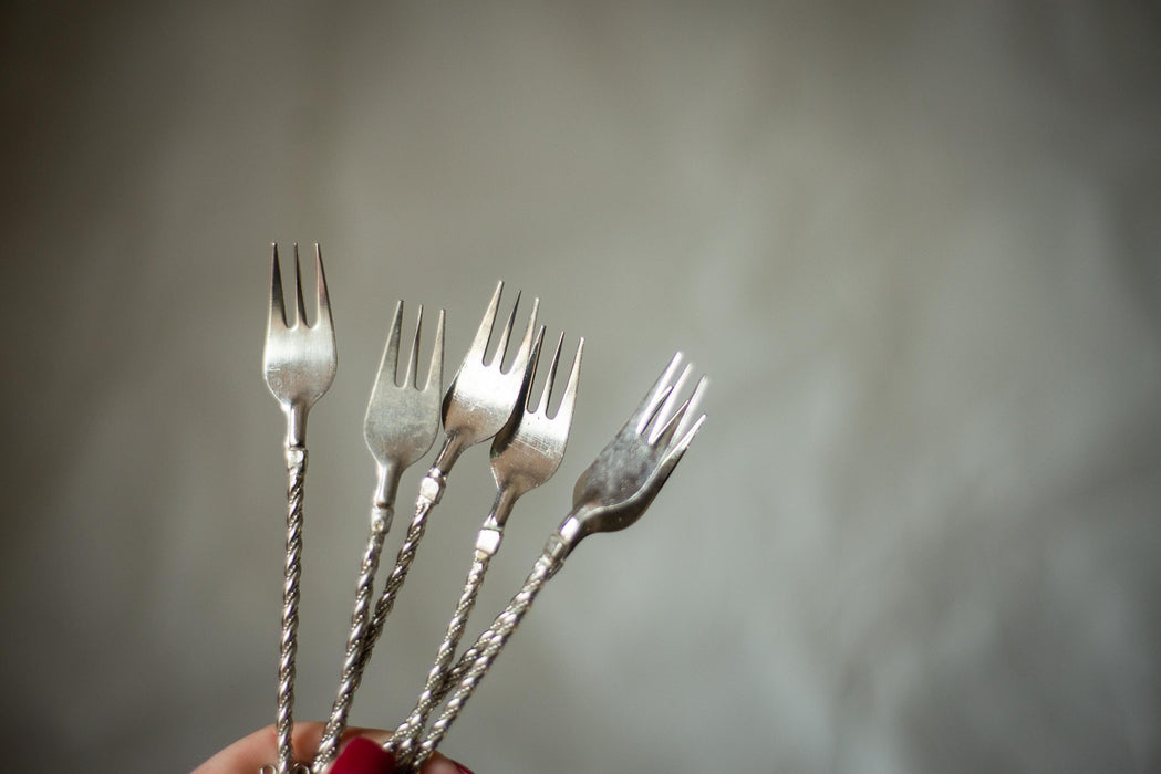 Vintage 1950s German Dessert Fork Set, Silver Tone Filigree Snack Cutlery