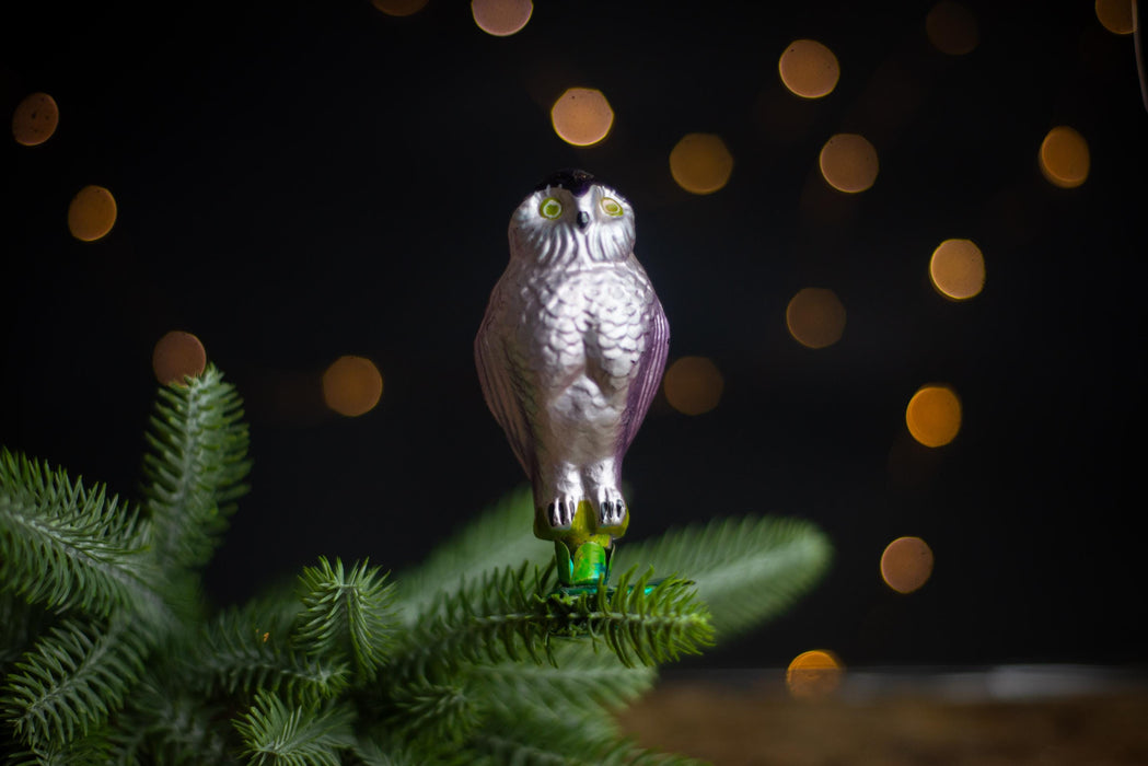 Vintage Glass Owl Christmas Ornament, Silver Bird Tree
