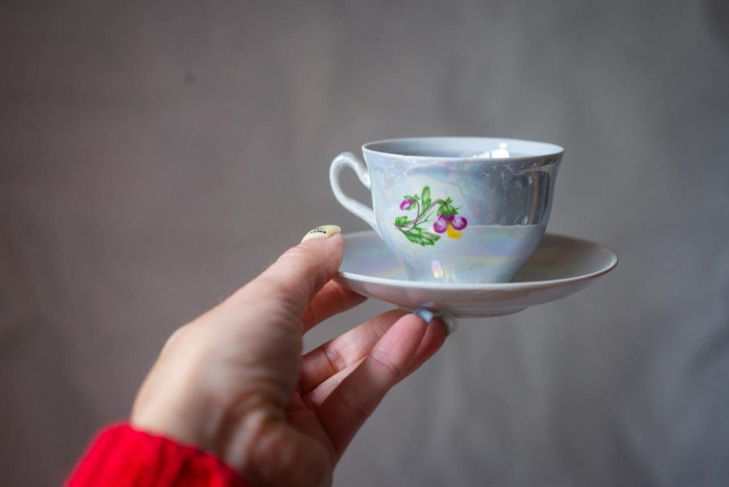 Vintage Lusterware Tea Set with Floral Design, Iridescent Porcelain Coffee Set, Mid Century, Romantic China Set 13 pieces