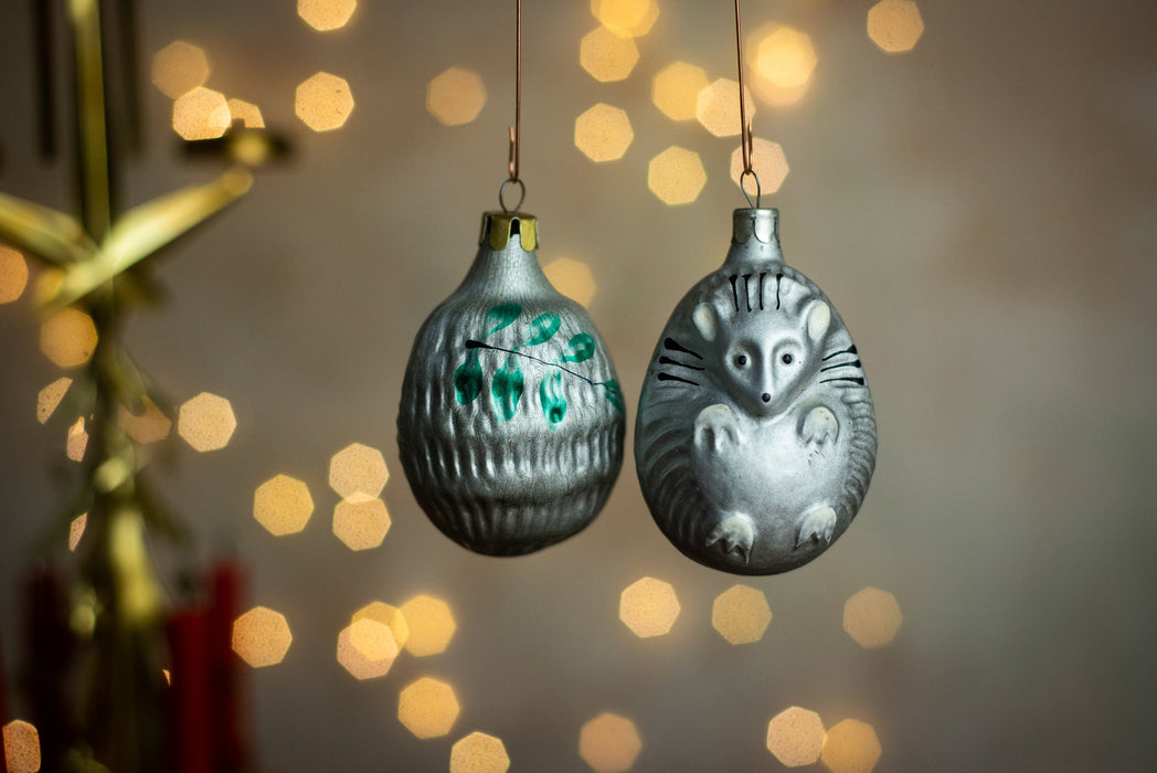 Vintage Hedgehog Glass Ornament, Retro Woodland Christmas