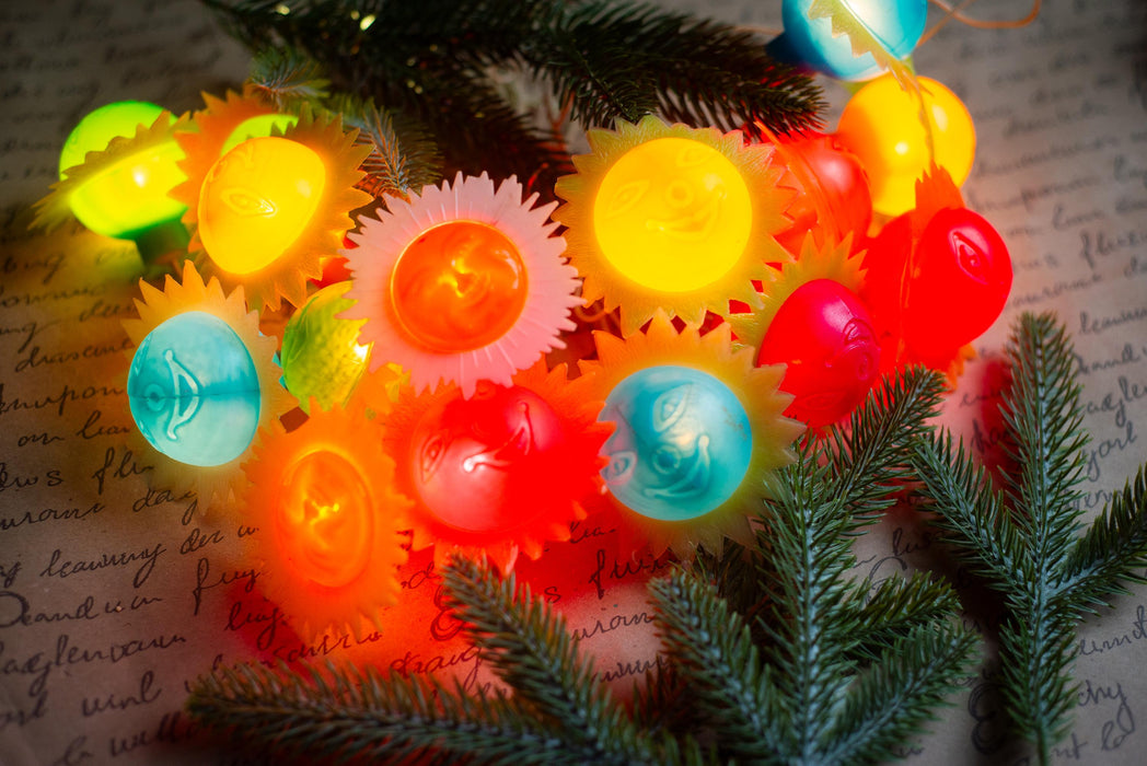 Vintage Smiling Sun Christmas Lights, Retro Christmas Tree Garland, Working Christmas String Lights