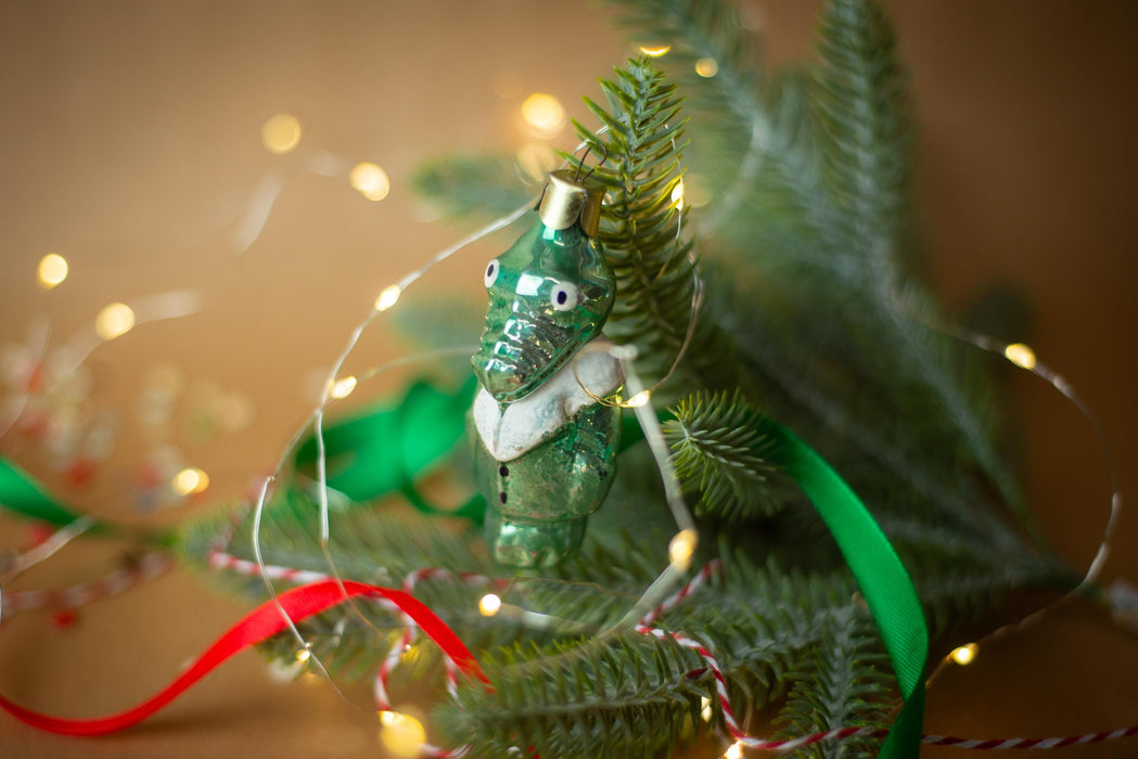 Vintage Crocodile Glass Ornament, Whimsical Christmas